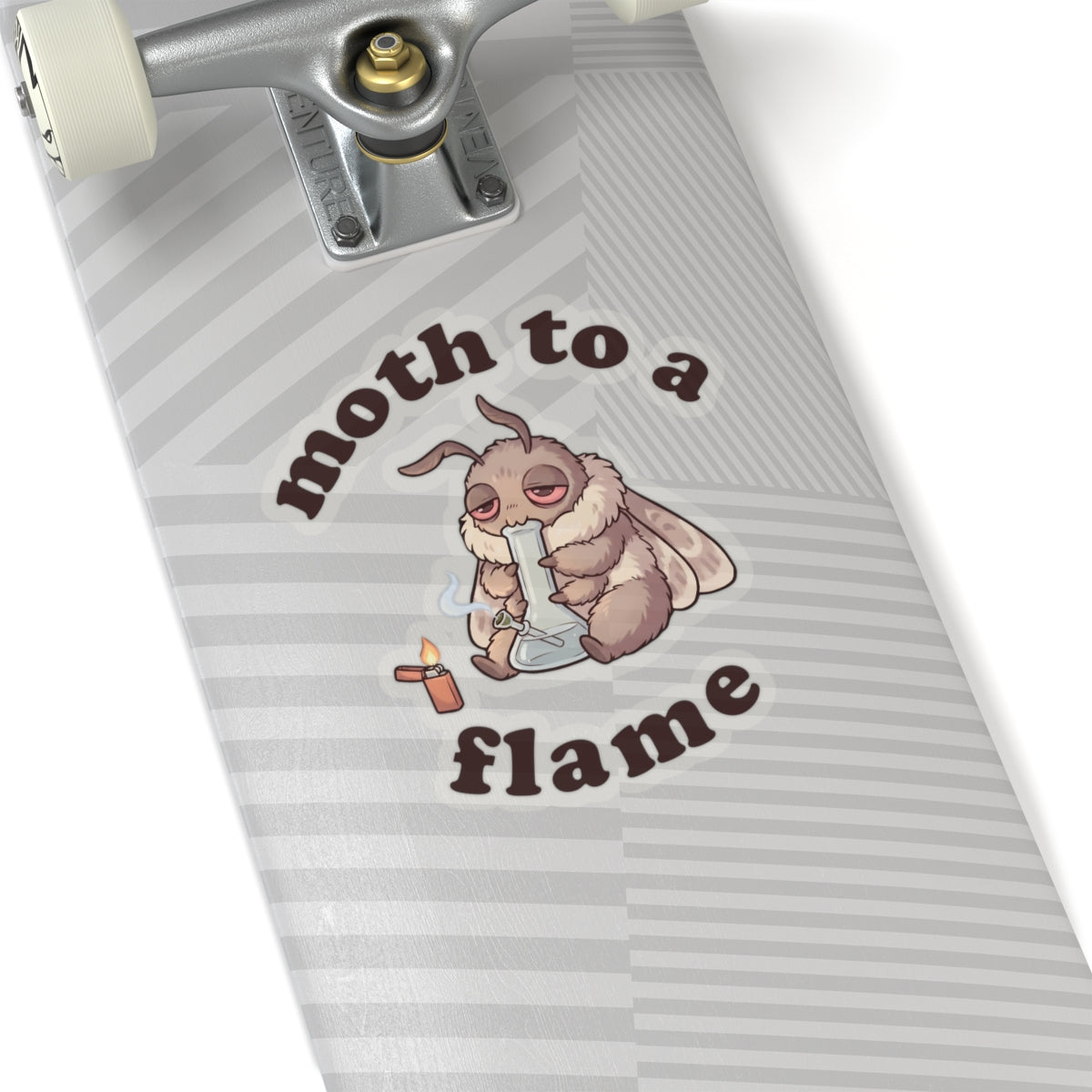 Transparent Moth To a Flame cannabis sticker on a skateboard, featuring a funny stoner moth graphic with bong and lighter design.