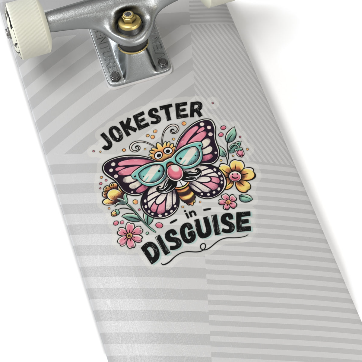 transparent butterfly affirmation sticker applied to skateboard, bubble-free finish