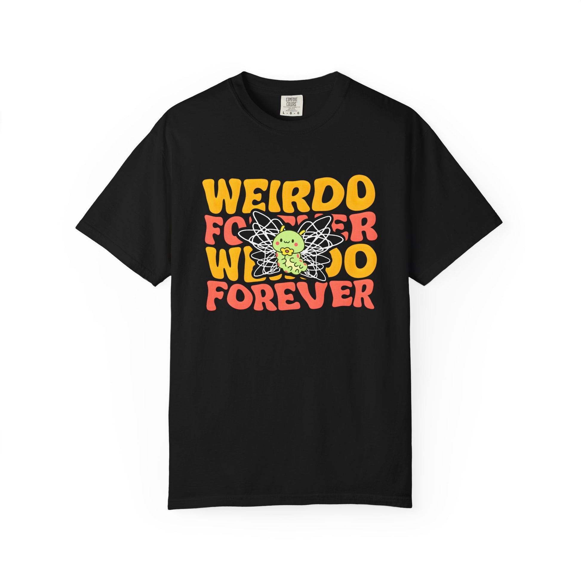 weirdo forever black shirt with bold yellow and red text, and a cute green caterpillar with scribbled wings