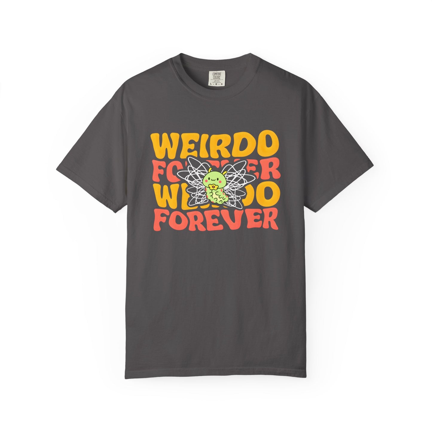 weirdo forever gray shirt with bold yellow and red text, and a cute green caterpillar with scribbled wings