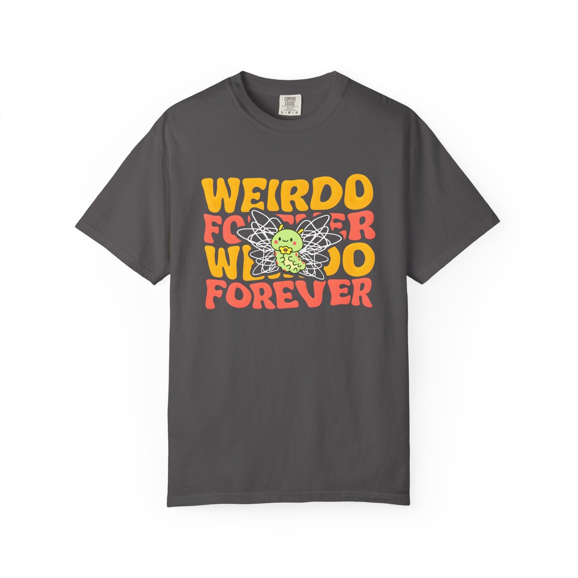 weirdo forever gray shirt with bold yellow and red text, and a cute green caterpillar with scribbled wings