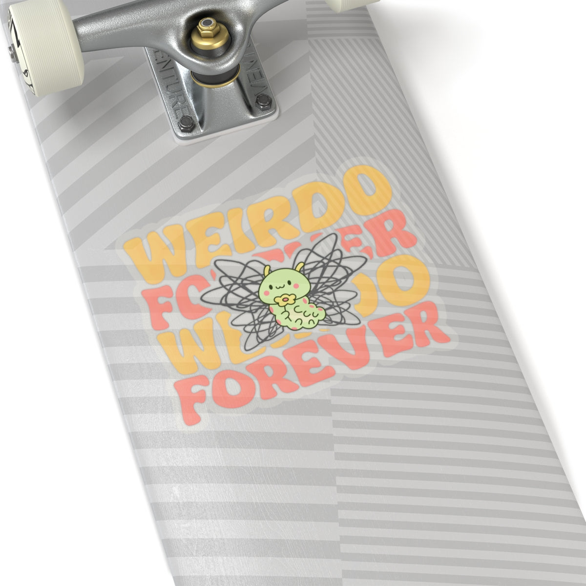 weirdo forever glossy vinyl sticker on skateboard—indoor decor