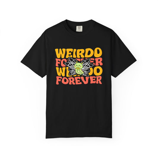 black shrit with bold yellow and red text, and a cute green caterpillar with scribbled wings