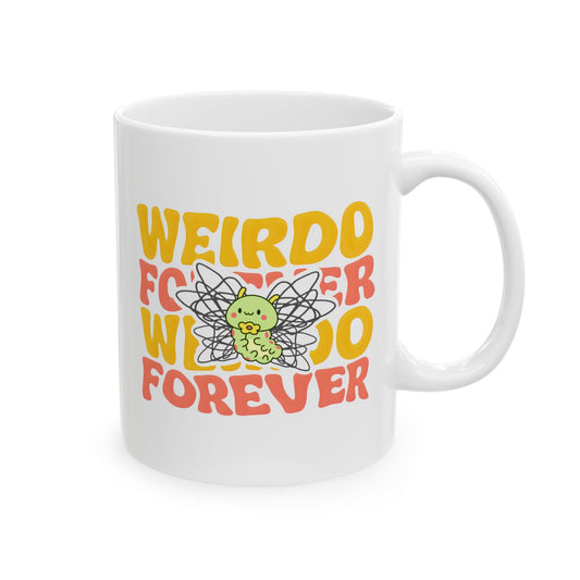 white ceramic 11oz cup with bold yellow and red text, and a cute green caterpillar with scribbled wings