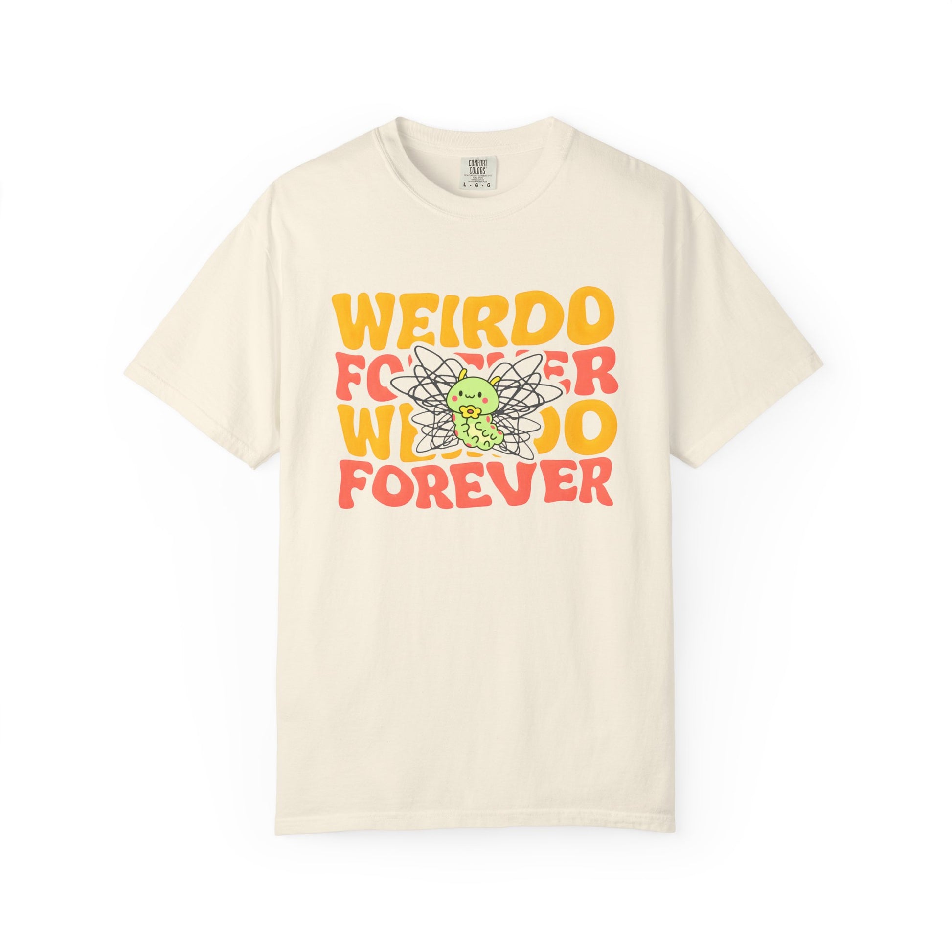 ivory shrit with bold yellow and red text, and a cute green caterpillar with scribbled wings