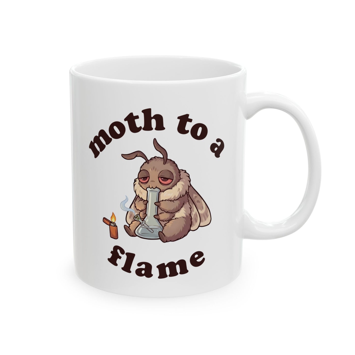 White 11oz Moth To a Flame weed mug featuring a sleepy stoner moth with bong and lighter, funny cannabis coffee cup for 420 lovers.
