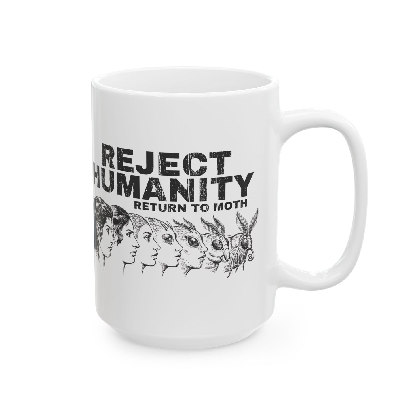 White ceramic 15oz mug with moth meme design funny insect lover gift reject humanity return to moth on a white background