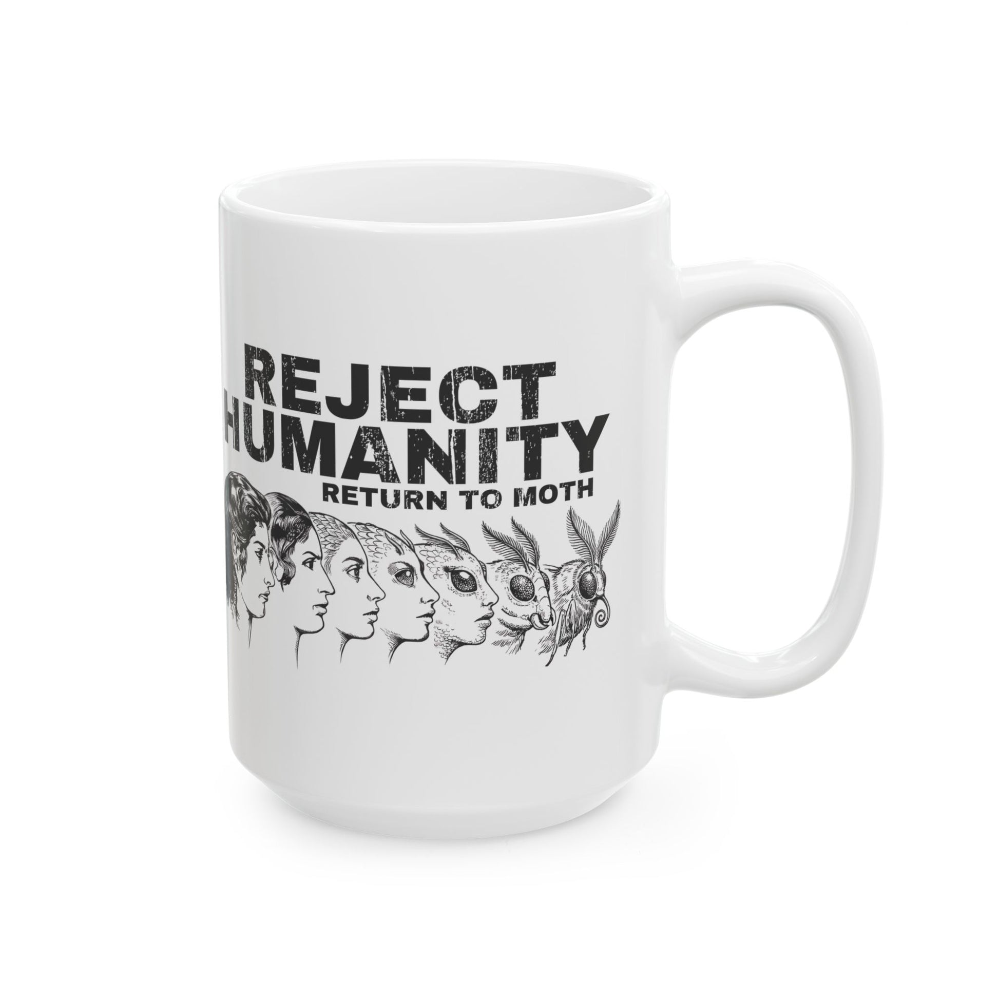 White ceramic 15oz mug with moth meme design funny insect lover gift reject humanity return to moth on a white background