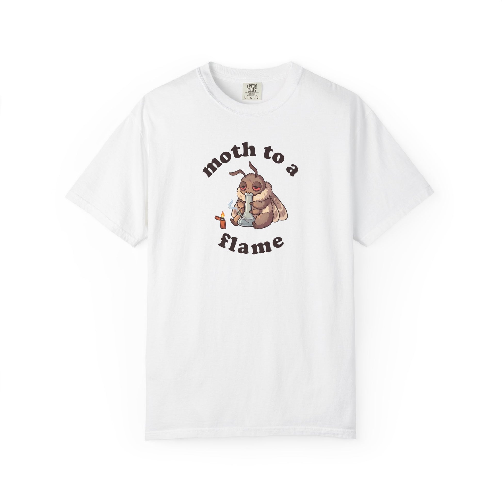 White Moth To a Flame weed shirt with retro moth smoking bong design, funny cannabis graphic t-shirt and 420 stoner gift for men and women.