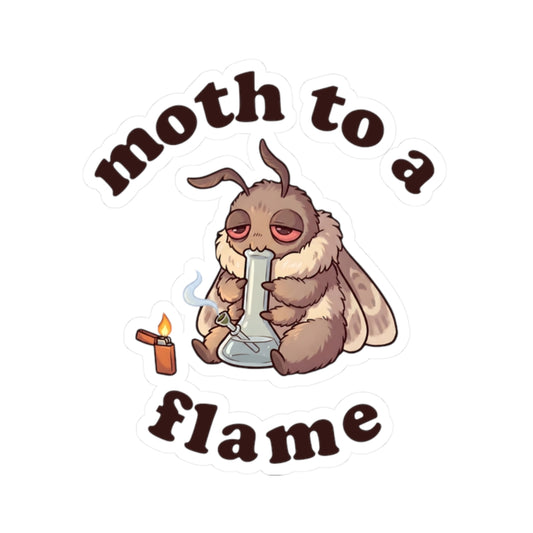 Moth To a Flame weed sticker featuring a sleepy stoner moth with bong and lighter, funny cannabis vinyl decal for 420 lovers and moth fans.