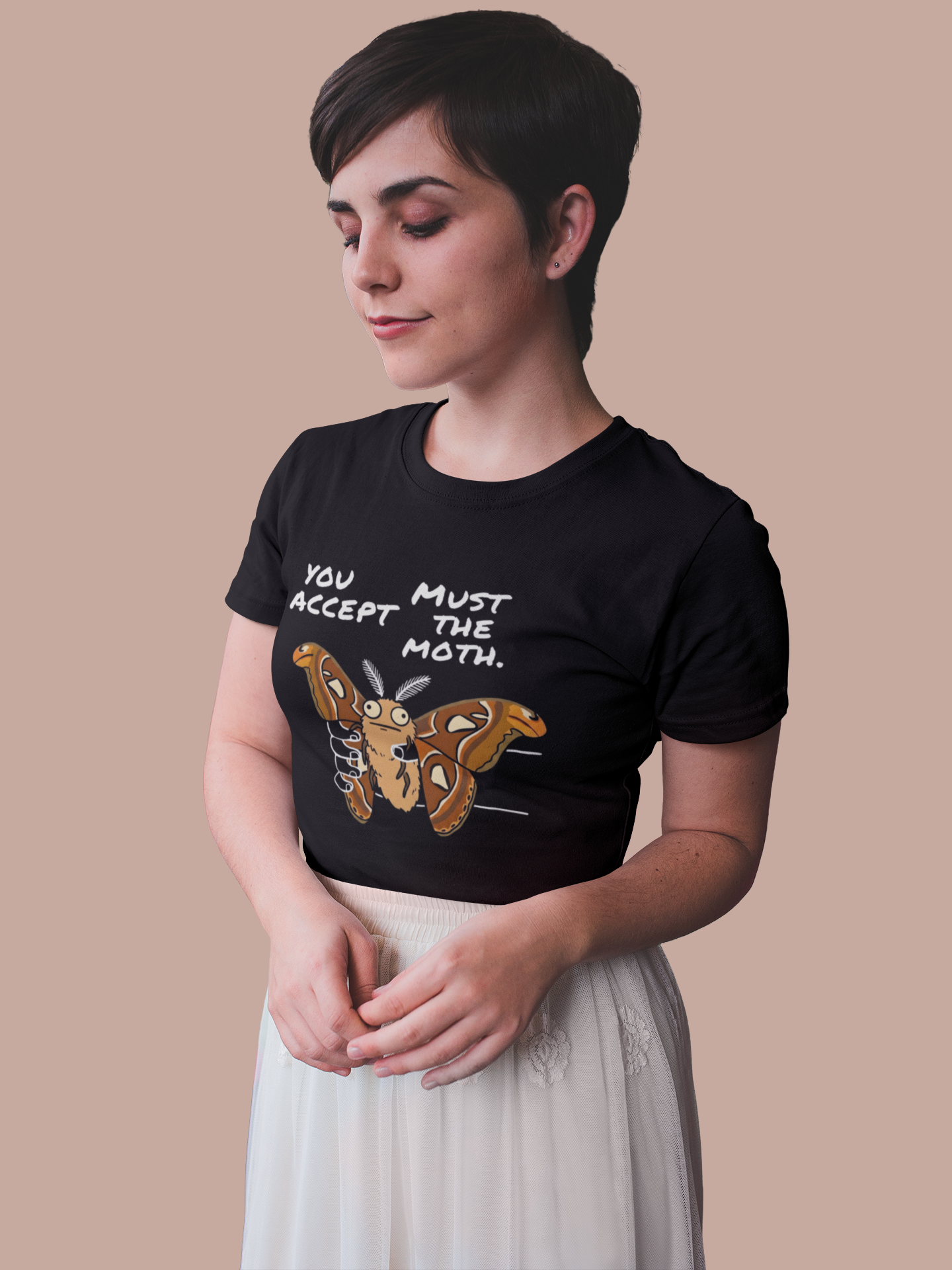 Woman wearing black Atlas Moth t-shirt with You Must Accept The Moth graphic and weirdcore meme design.