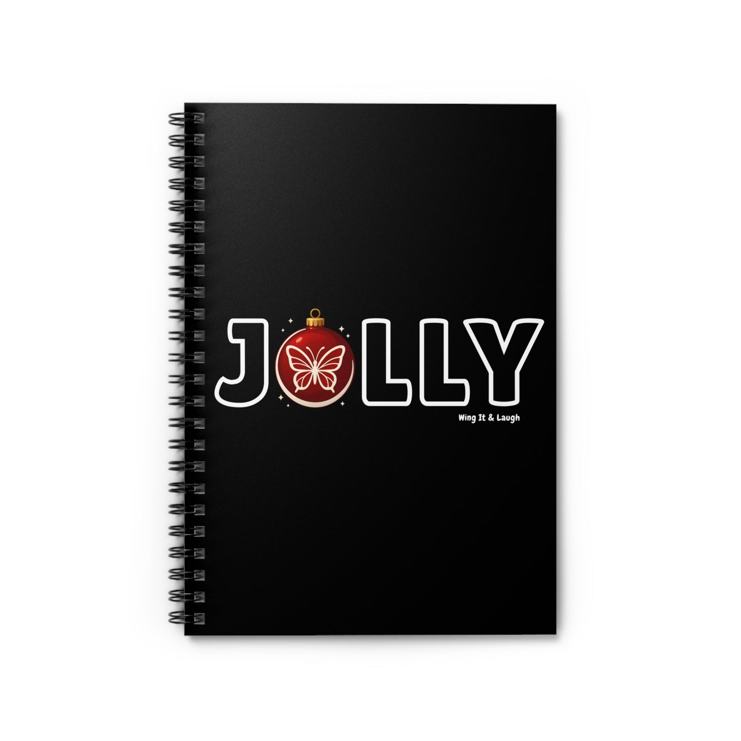 Black spiral-bound notebook with Xmas 'JOLLY' design featuring a butterfly ornament on a white background