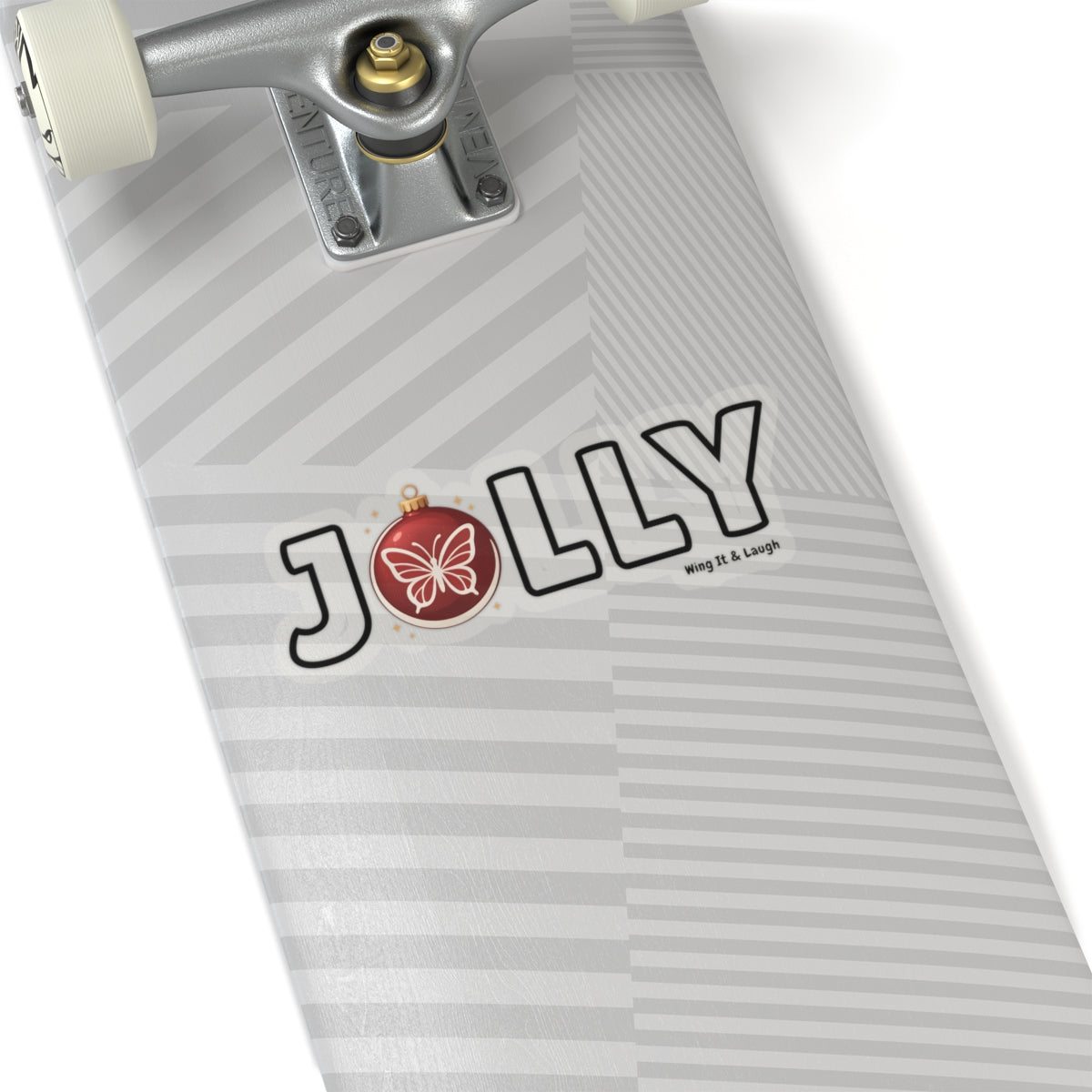 Skateboard deck with Xmas Jolly vinyl decal on a white background