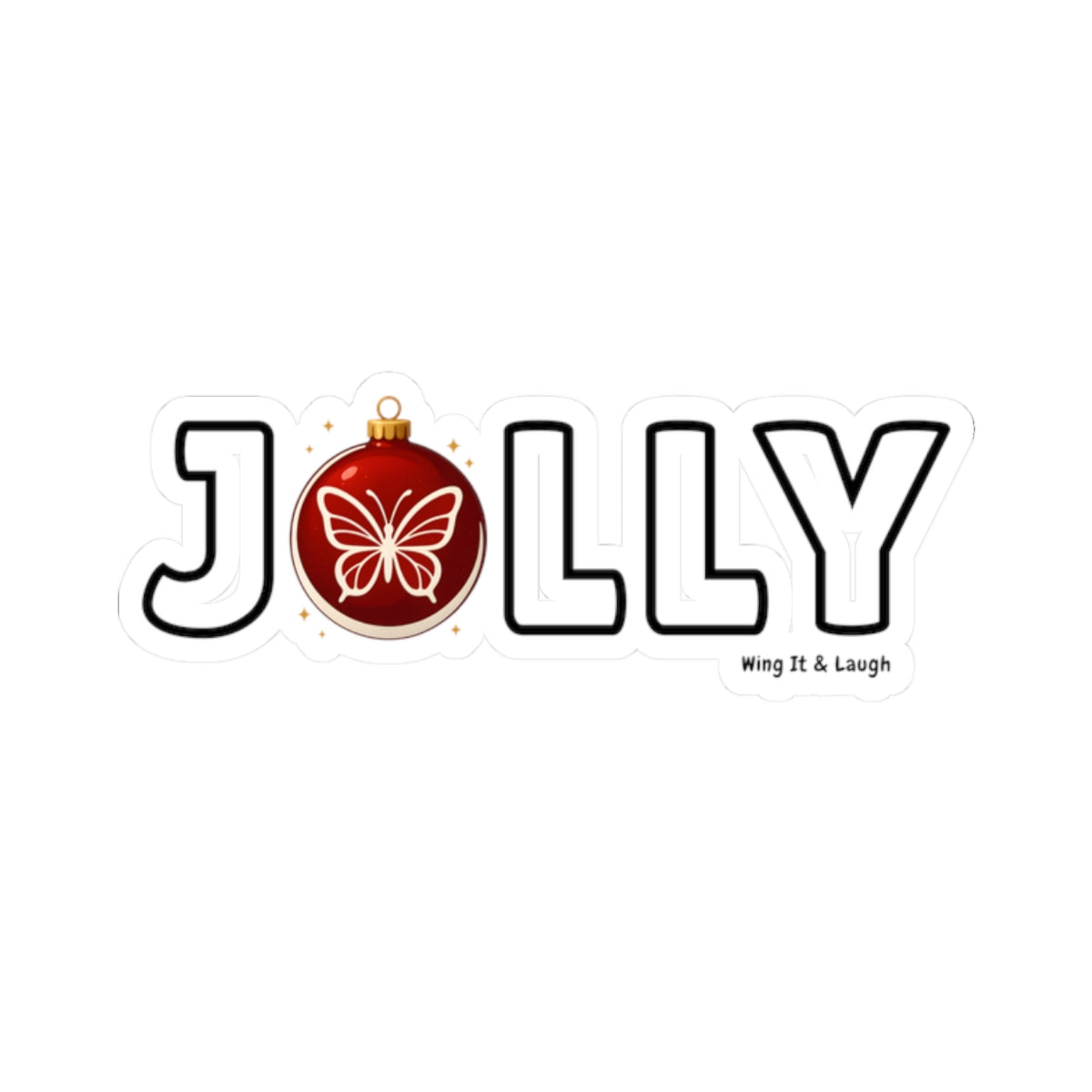 Decorative 'JOLLY' vinyl sticker with a white butterfly ornament design on a white background.