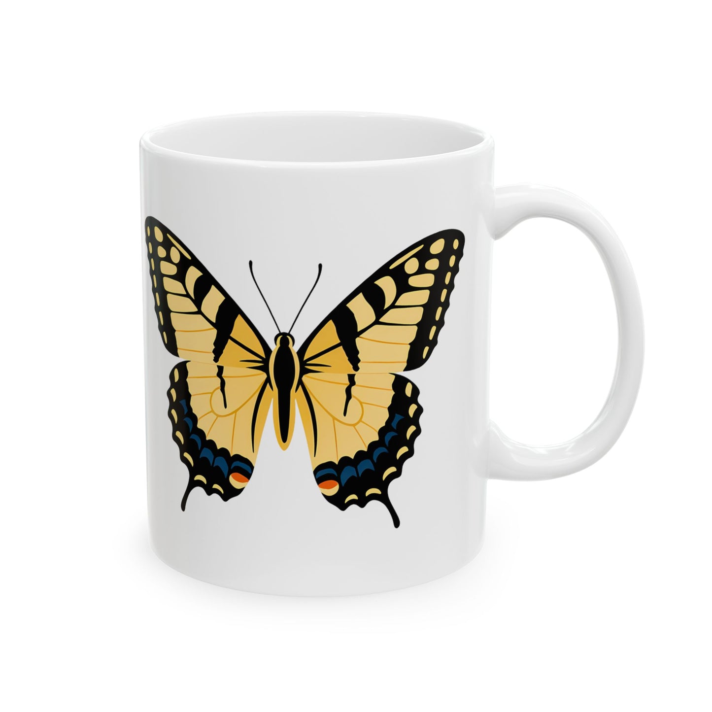 Glossy white ceramic mug featuring a yellow and orange butterfly illustration for butterfly lovers and nature enthusiasts.