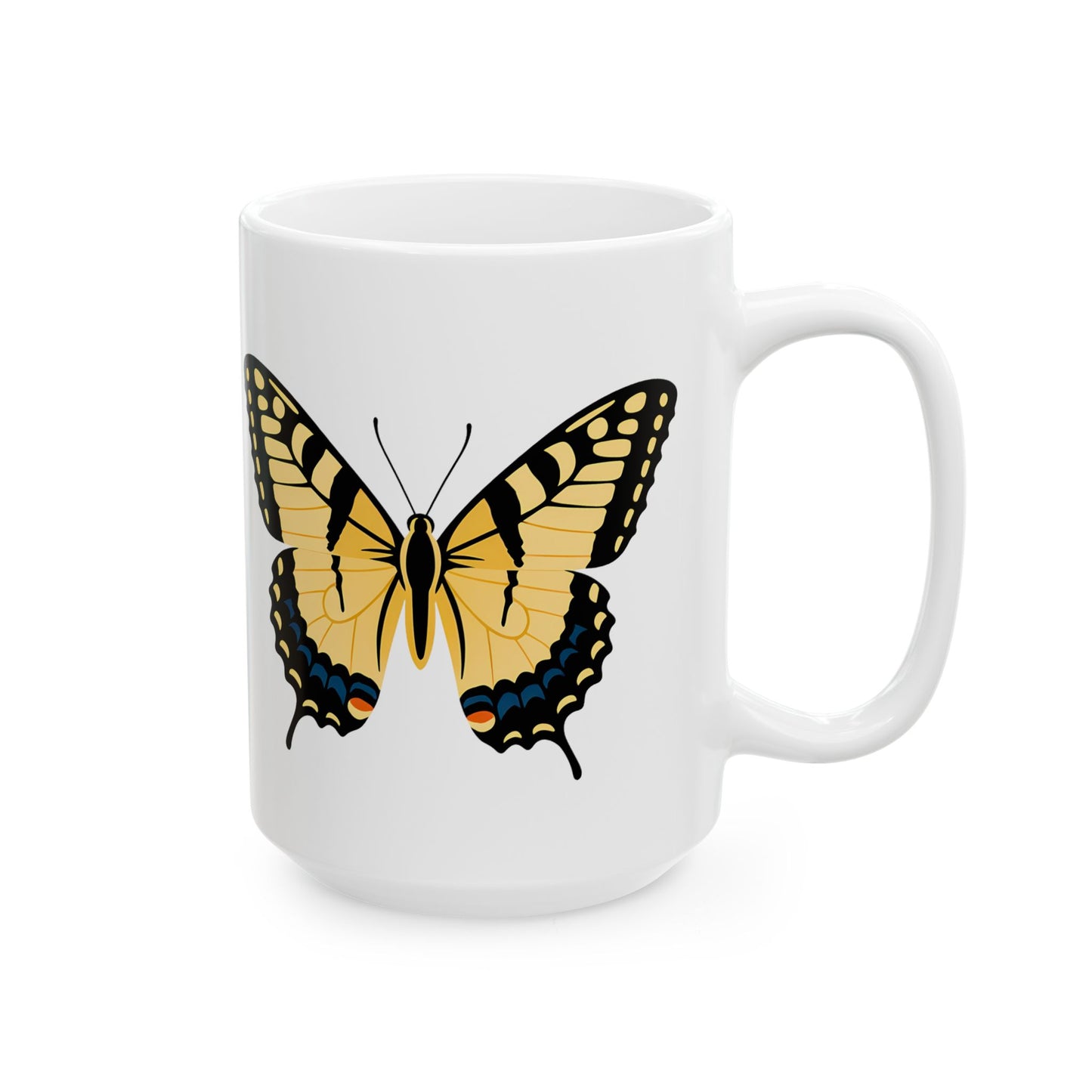Large glossy white ceramic butterfly mug featuring a yellow and orange butterfly illustration, available in 15oz size.