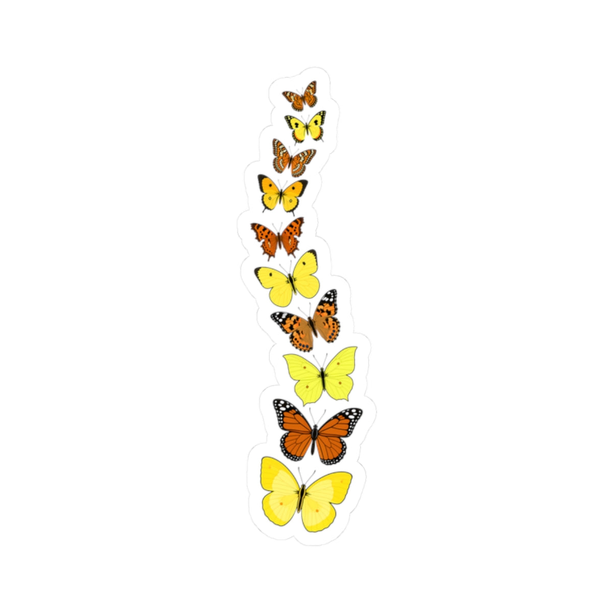 Yellow and orange butterfly sticker with white border on a clean white background.