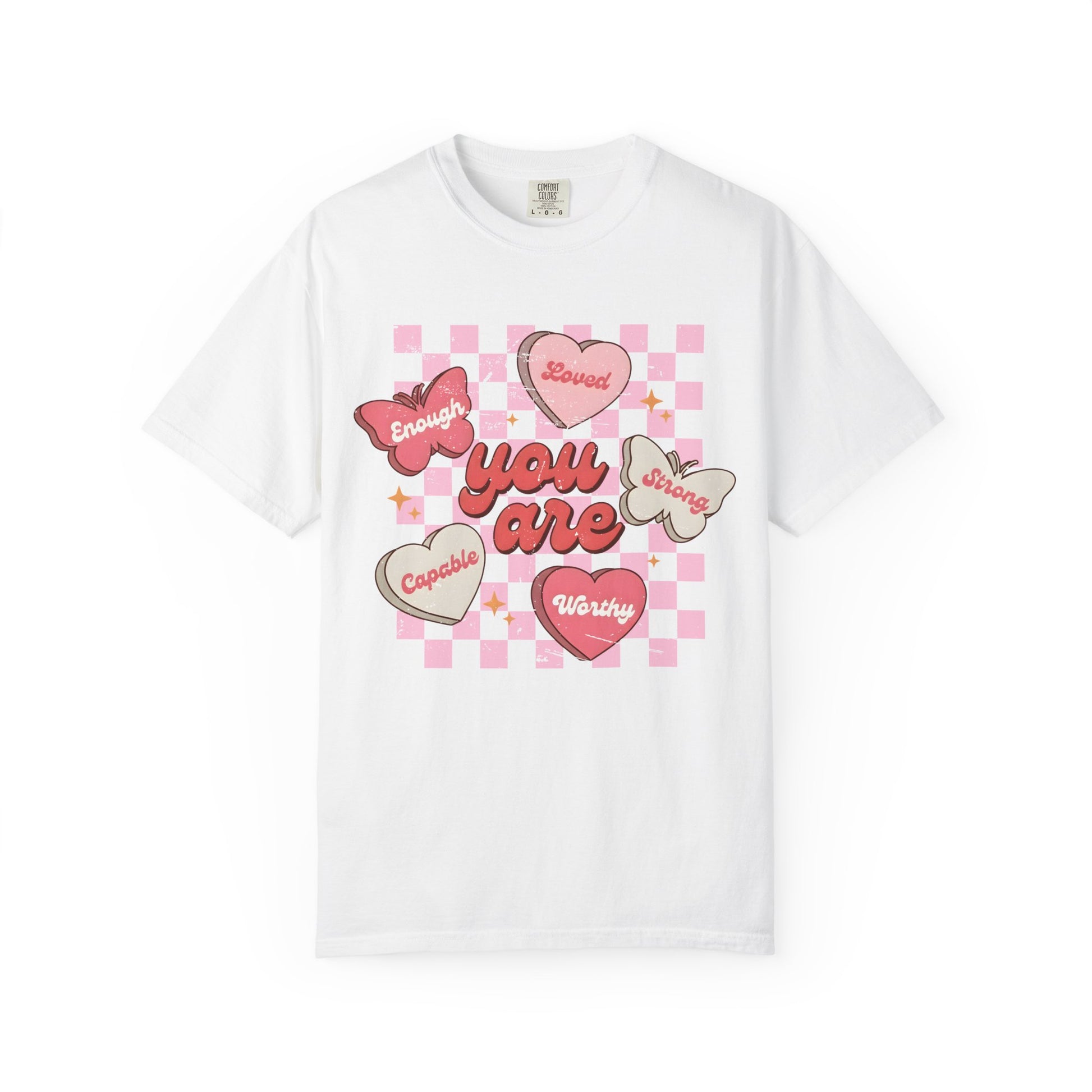 White butterfly affirmation t-shirt with with hearts and positive message on a white background